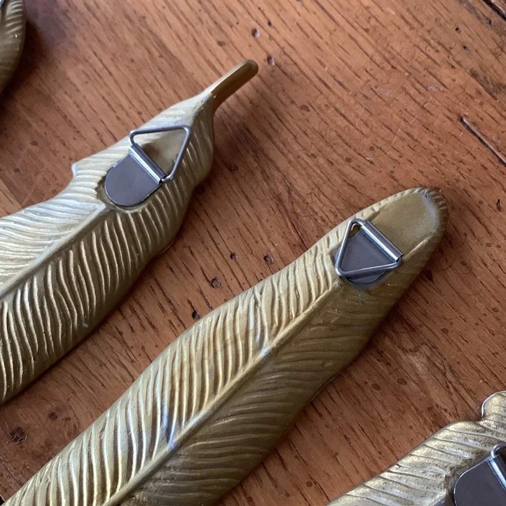 Ceramic Bird Feathers White and Gold Tipped Wall Hanging Ornaments Set of 5